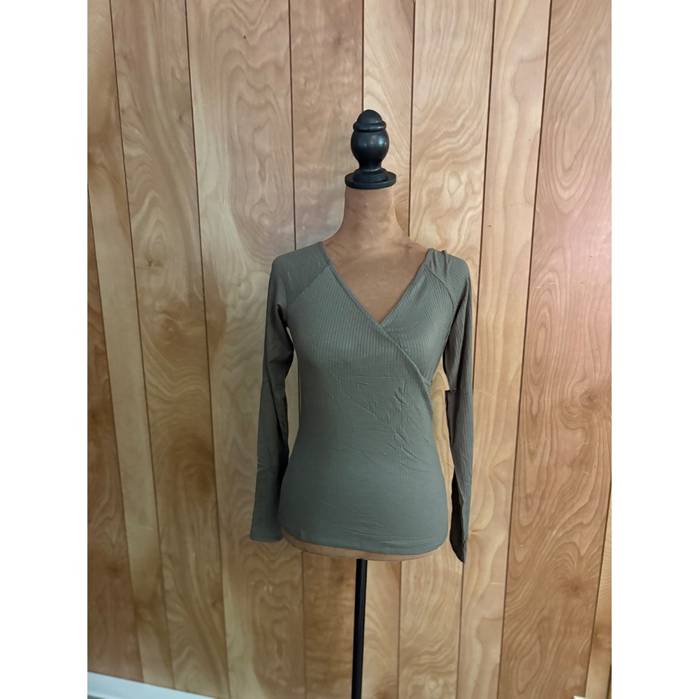 Lulus Essential Companion Olive Green Ribbed Surplice Long Sleeve Top M NEW